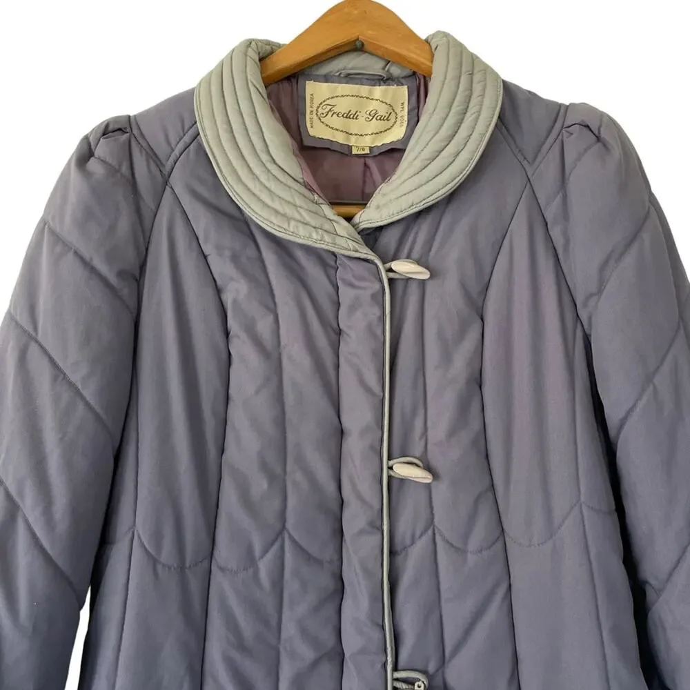 Vintage 80s Purple Puffer Jacket Long Coat Toggle Buttons Stranger Things 7/8